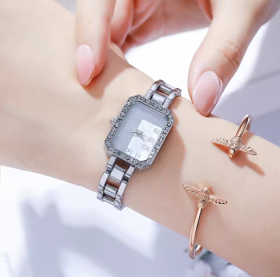 Picture of Luxury Women's Watch  New Simple Square Full Diamond Digital Quartz Watche Gold Stainless Steel Bracelet Women's Dress Clock Gift