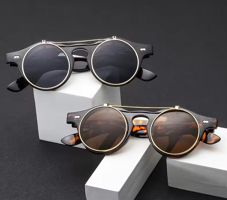Picture of Round Frame Flip Cover Sunglasses Sun-Protective Eyewear Driving Glasses Double Layer Punk Black Shades Glasses