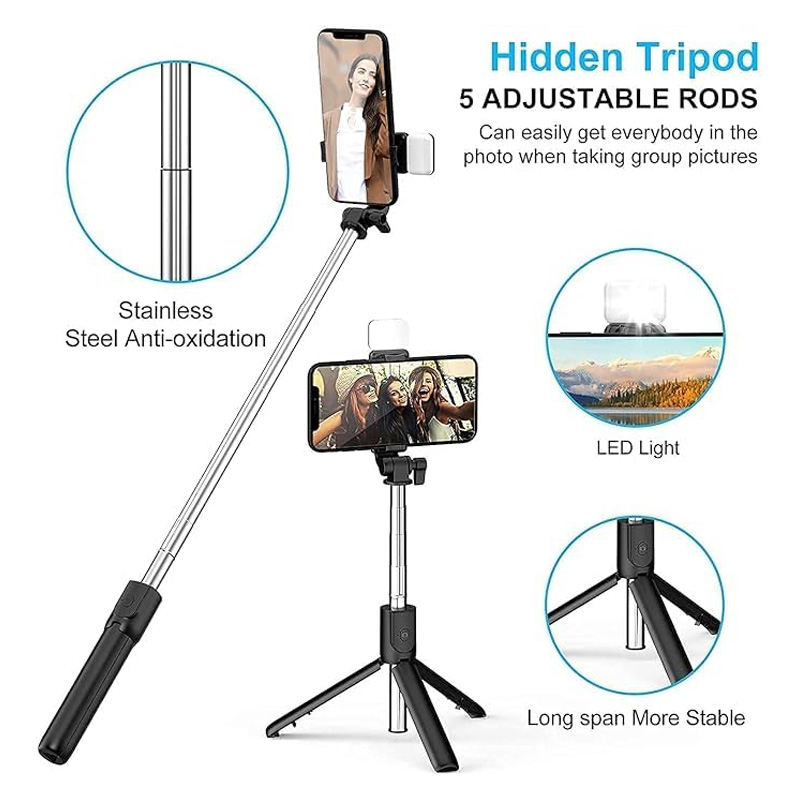 Picture of R1S Bluetooth Wireless Remote Selfie Stick With LED Fill Light Bluetooth Integrated Selfie Stick