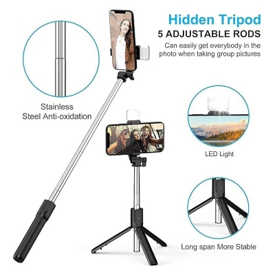 Picture of R1S Bluetooth Wireless Remote Selfie Stick With LED Fill Light Bluetooth Integrated Selfie Stick