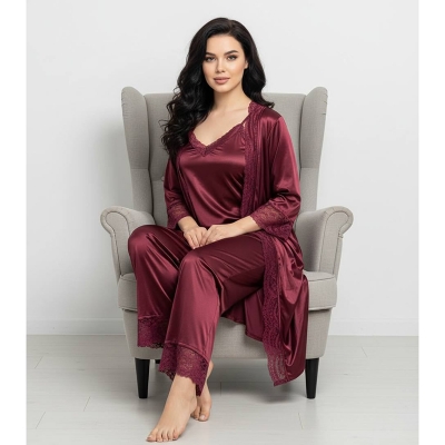 Picture of 5 part shirt pant nightwear set for woman glamourous night suit set-Maroon