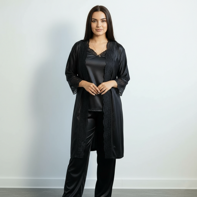 Picture of 5 Part Shirt Pant Nightwear Set for Woman Glamourous Night Suit Set-Black