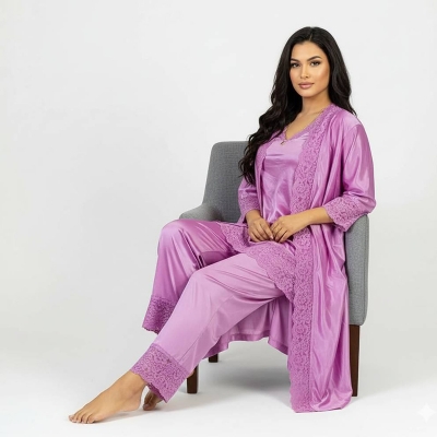 Picture of 5 Part Shirt Pant Nightwear Set for Woman Glamourous Night Suit Set-Lavender
