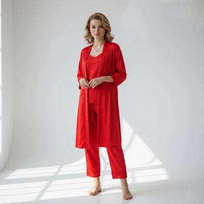 Picture of 5 Part Shirt Pant Nightwear Set for Woman Glamourous Night Suit Set-Red