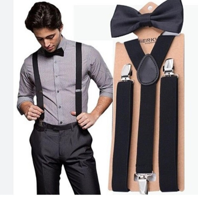 Picture of Y-shape Adjustable Suspender For Women and Men Elastic Pants Braces Cross Belt Clothing Clip-on Suspenders and Bow Tie