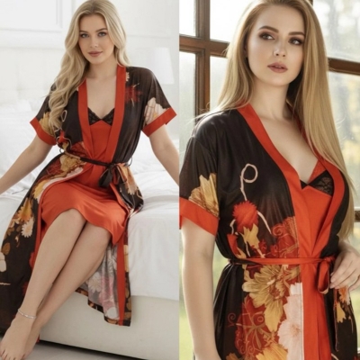 Picture of Indian Silky Satin Nightgown 2 Part Comfortable Day And Night Wear Luxurious Print Nightdress.