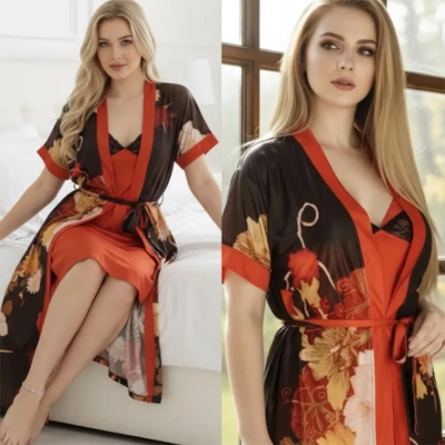 Picture of Indian Silky Satin Nightgown 2 Part Comfortable Day And Night Wear Luxurious Print Nightdress.