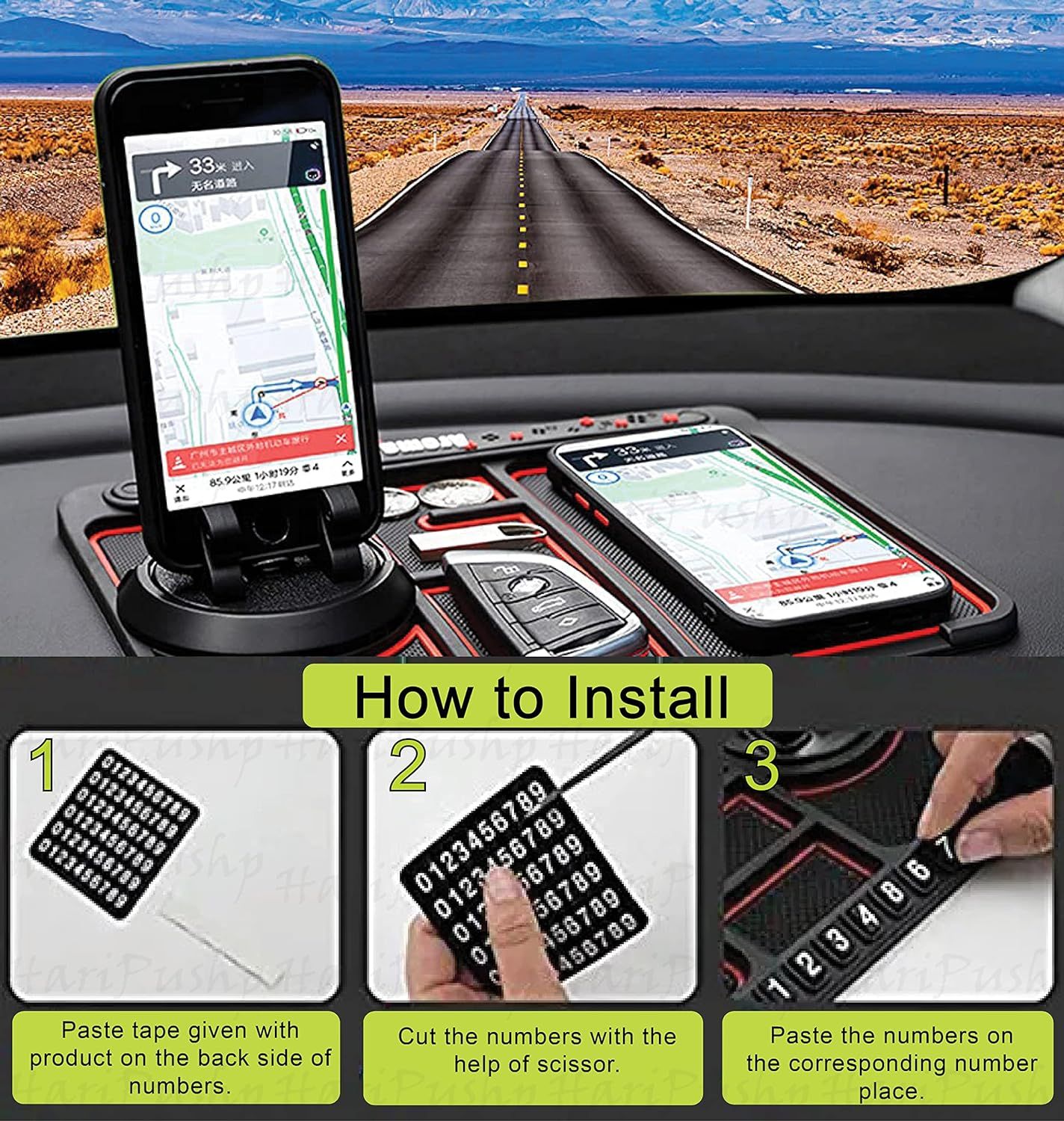 Picture of Car Dashboard Anti Slip Phone Mat with 360 Degrees Rotating Phone Holder Non-Slip Multifunctional 6 in 1 Anti-Skid Phone Mat with Parking Numbers for Coins Keys Cell Phones