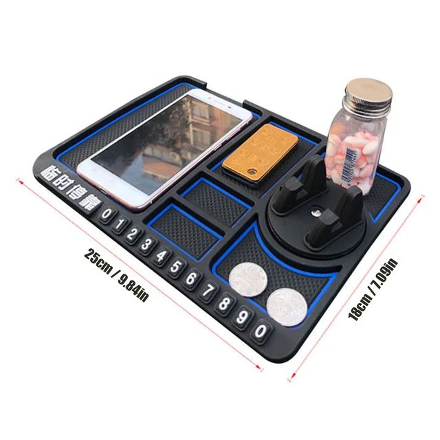 Picture of Car Dashboard Anti Slip Phone Mat with 360 Degrees Rotating Phone Holder Non-Slip Multifunctional 6 in 1 Anti-Skid Phone Mat with Parking Numbers for Coins Keys Cell Phones - Blue & Black