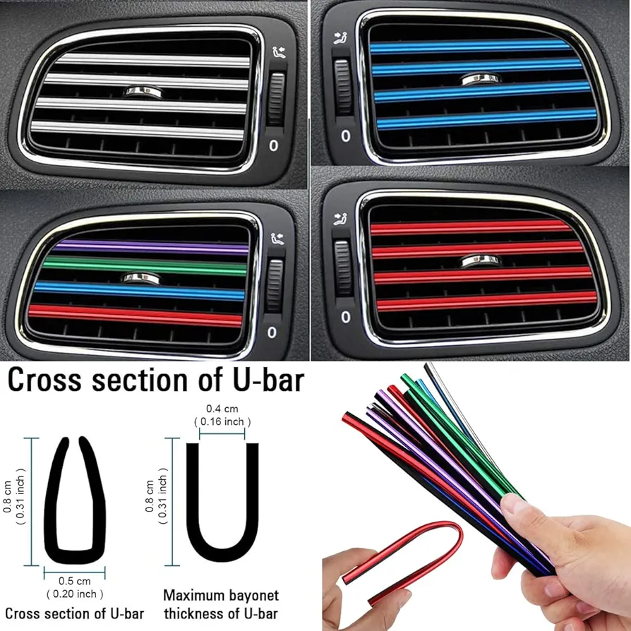 Picture of 10 Pcs 20cm Car Air Conditioner Vent Outlet Trim Strips U Shape Chrome PVC Colorful Shiny Car Trim Strips for Car Decoration