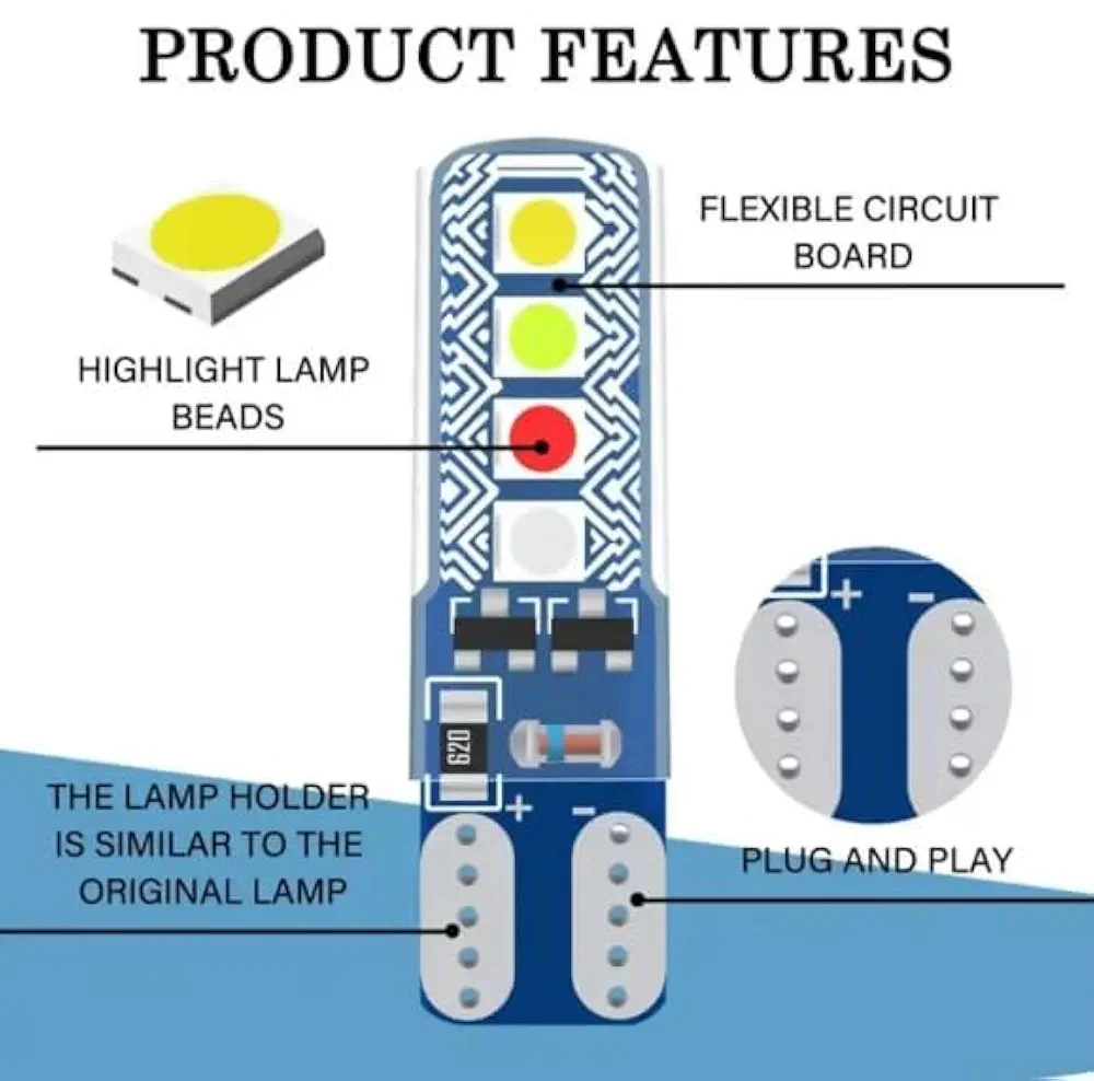 Picture of Vehicle Parking T10 LED Light Bulb, 8 SMD Bright, Waterproof, Exterior Licence Plate Universal for all Motorcycles, Bikes, Cars, 5W 12V DC (Pack of 2, Multicolour Running With Flashing)