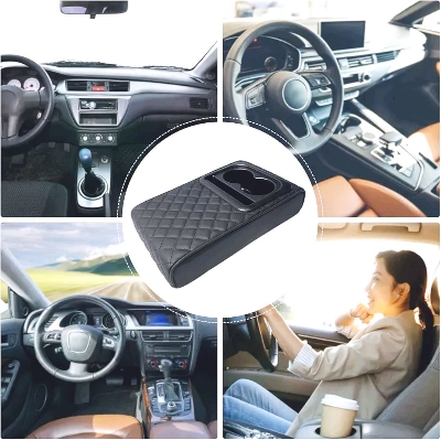 Picture of Auto Center Console Armrest Cushion With 2 Cup Holder Phone Holder PU Leather Armrest Pad Portable Car Amrest Pillow Height Pad.