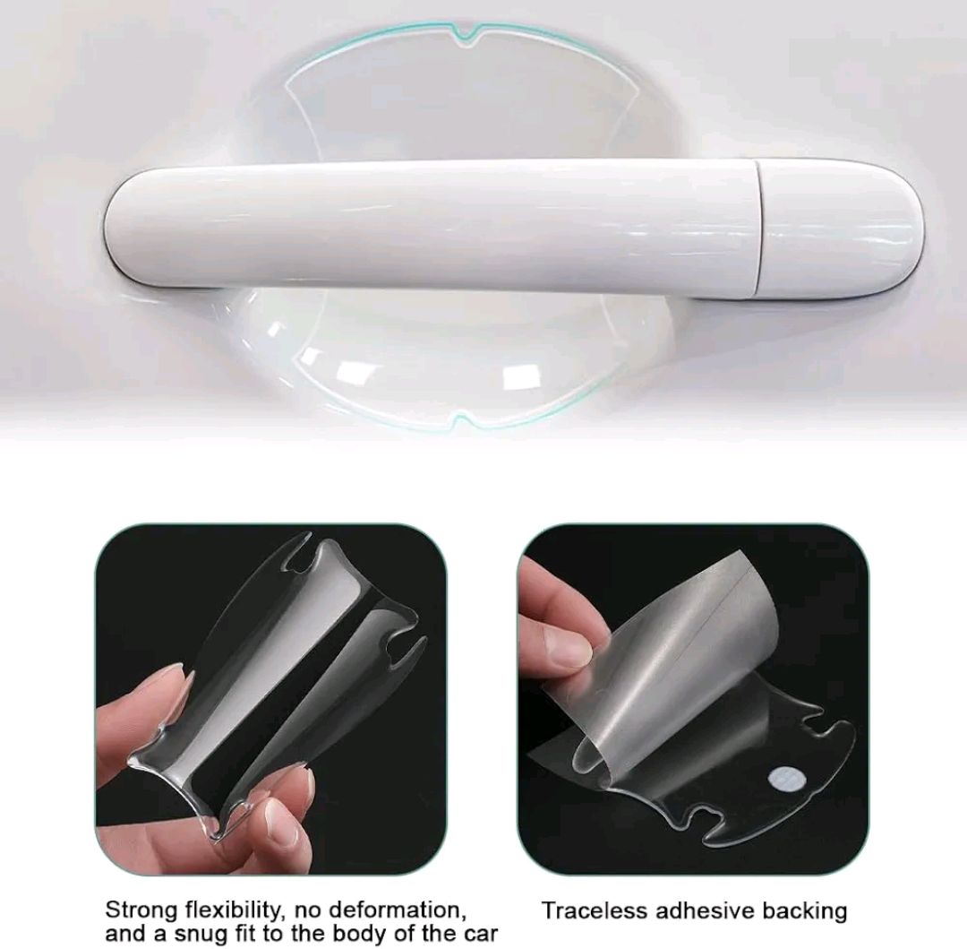 Picture of 8 Pcs Invisible Car Door Handle Protectors Car Door Bumper Strips & Handle Bowl Protectors Clear Waterproof Rubber Self-Adhesive Guards For Scratch & Scuff Protection 4 Strips + 4 Handle Bowls