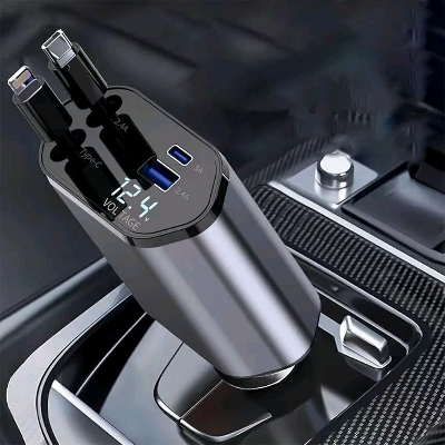 Picture of Car Charger, Includes 2 Retractable Charging Cables, Car Charger, 180° Free Rotation, Cigarette Lighter Socket, 120W, 4 Devices Simultaneously, Car Charger, LED Display Voltage (ABS Plastic