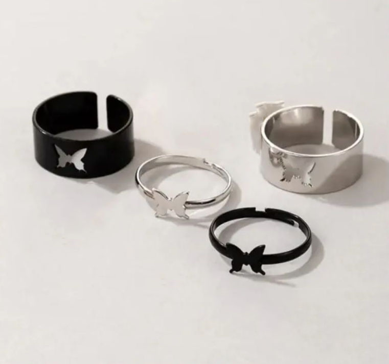 Picture of Butterfly King and Queen Couple Ring Black 2 pcs And Silver 2 pcs - 4 Pcs 2 Set