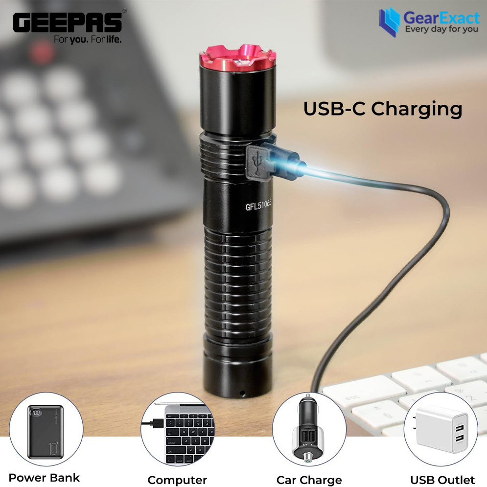 Picture of Geepas GFL51065 Rechargeable Zoomable LED Flashlight and Torch Light ( Black )