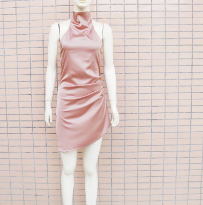 Picture of Women Satin Halter Neck Backless Sleeveless Irregular Mini Midi Dress 20262 All Season Se-xy Party Clubwear Dresses (Rose )