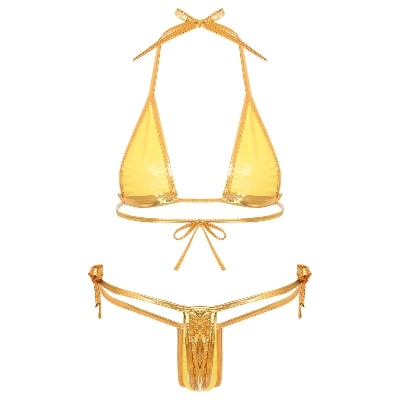 Picture of Womens Metallic Shiny Lacing Bikini Swimsuit Non-Padded Triangle Cup Bra Top with G-String Biquini Set - Golden (Golden )