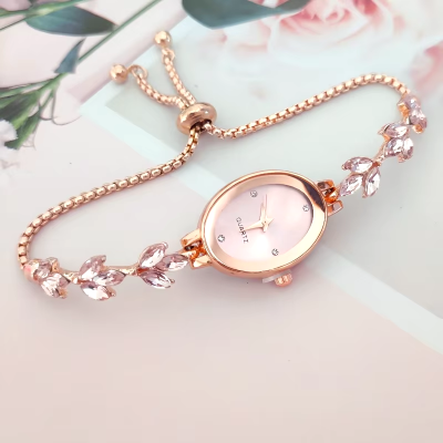 Picture of New Elegant Rhinestone Inlaid for Clover Lady Watches Oval Fashion Quartz Wristwatch Bracelet (Gold )
