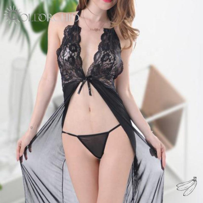 Picture of Glamour Satin Long Robe Valentine Transparent Hot Revealing Lingerie Dress - Black