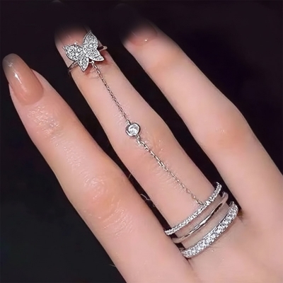 Picture of Fashionable Trendy Butterfly Long Chain Rings for Girls - Multilayer Rhinestone Open Finger Ring for Women - Korean Style Trendy Jewelry for Women( Silver )