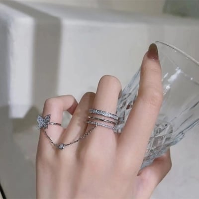 Picture of Butterfly  Double Finger Chain Rings For Women - Ring SIlver Color( Silver )