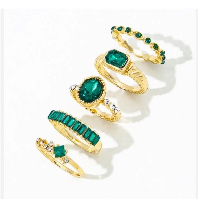 Picture of Sindlan 5 Pieces Set Gold Green Simulated Emerald Women's Solitaire Ring Set( Green )