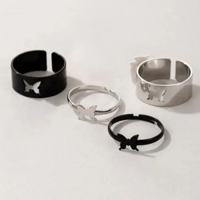 Picture of Butterfly King and Queen Couple Ring Black 2 pcs And Silver 2 pcs - 4 Pcs 2 Set