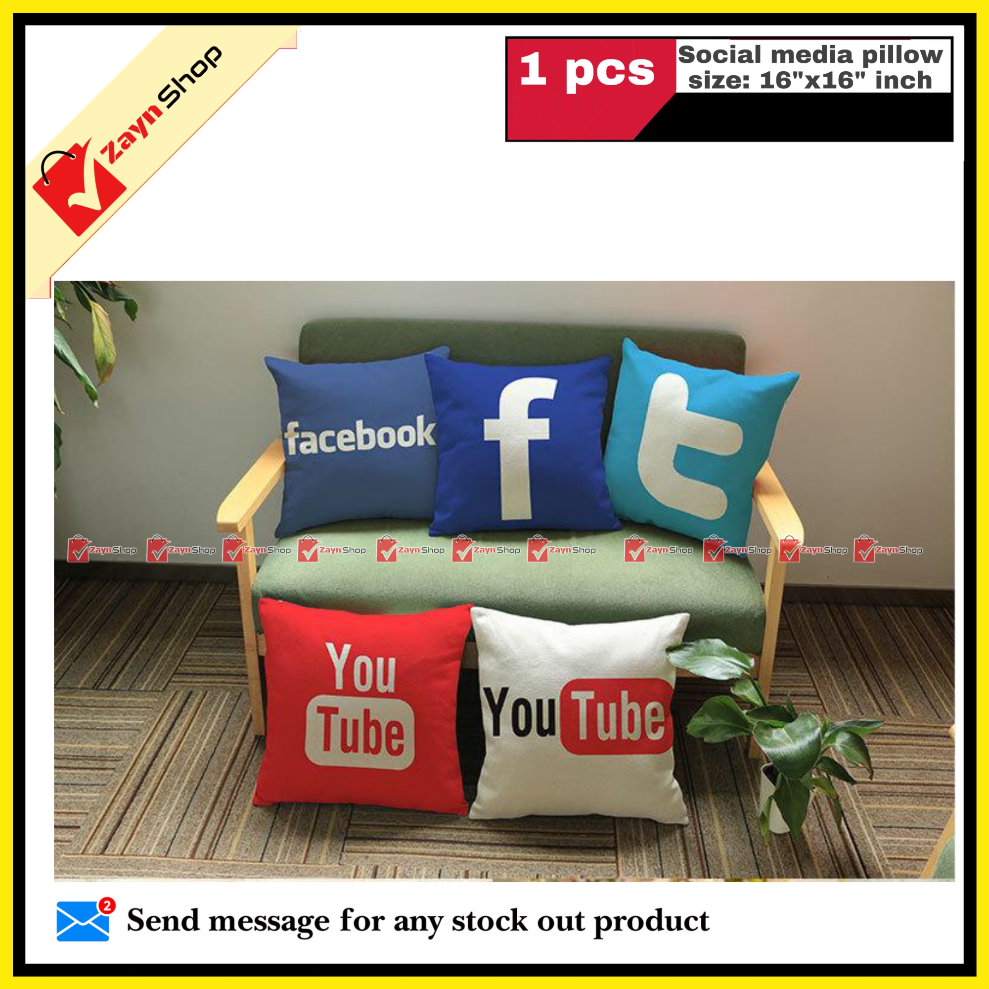 Picture of Social media Square Pillow Size 16x16 inch (facebook Twitter Youtube Instagram snapchat Tiktok