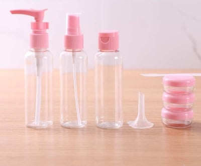 Picture of 6Pcs Makeup Travel plastic cosmetic transparent bottle Set spray cream Refillable lotion Jar Storage portable zipper wash Bag PVC box