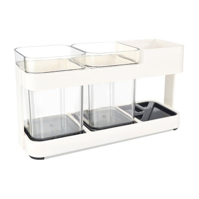 Picture of 2 CUPS With 1 TOOTHBRUSH HOLDER STAND TOOTHPASTE STORAGE RACK REMOVABEL STORAGE ORGANIZER ( White )