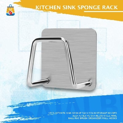 Picture of 1Pcs- Kitchen Sink Sponge Rack Drain Storage Holder Self Adhesive Stainless Steel Wire Ball Rag Brush Organizer Wall Hooks(Silver)
