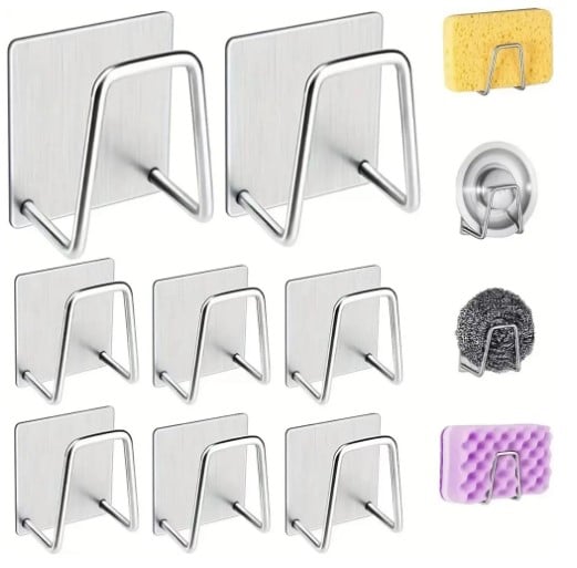 Picture of 1Pcs- Kitchen Sink Sponge Rack Drain Storage Holder Self Adhesive Stainless Steel Wire Ball Rag Brush Organizer Wall Hooks(Silver)