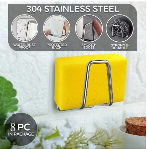 Picture of 1Pcs- Kitchen Sink Sponge Rack Drain Storage Holder Self Adhesive Stainless Steel Wire Ball Rag Brush Organizer Wall Hooks(Silver)