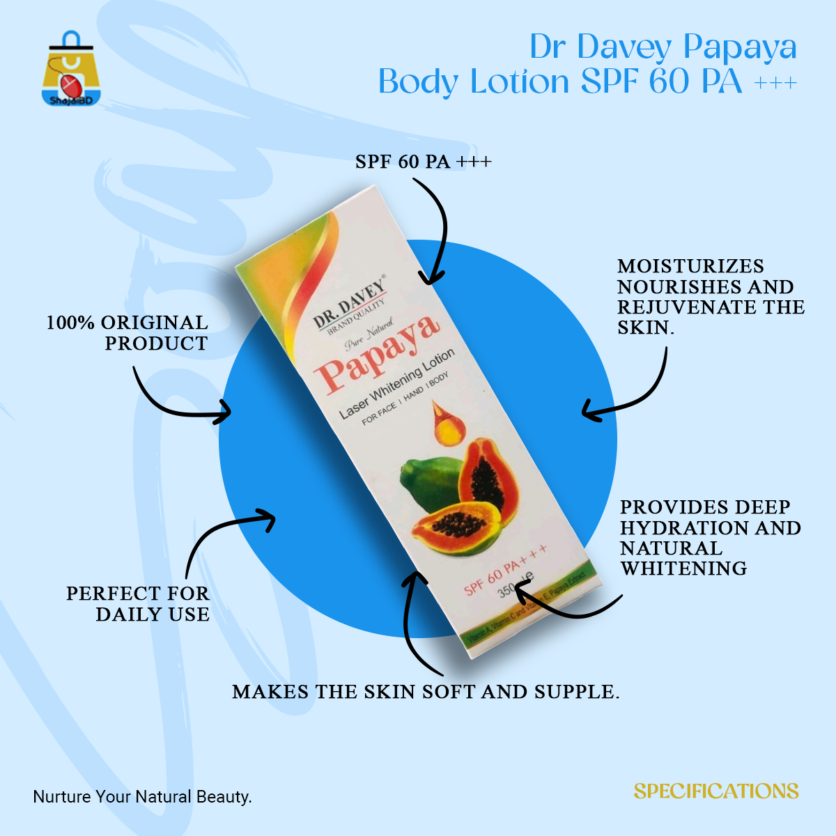 Picture of Dr Davey Papaya Body Lotion 350ml SPF 60 PA +++ - Shajai BD