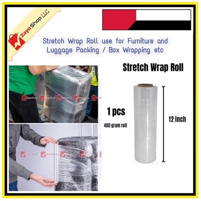 Picture of Stretch Plastic Wrap 400gram 1 Roll 12 inch  , LLDPE Wrapping Stretch Film Roll, Perfect For Luggage, Box and other Goods Wrapping.
