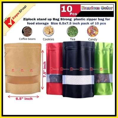 Picture of Ziplock stand up Bag weight capacity 500gram Strong plastic zipper bag for food storage Size 6.5x7.5 inch pack of 10 pcs Random Color