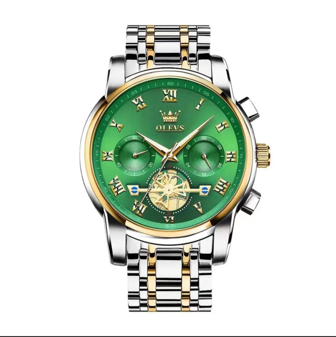 Picture of Olevs Top Brand Silver & Golden Two Tone Stainless Steel Chronograph Wrist Watch For Men - Watch For Men