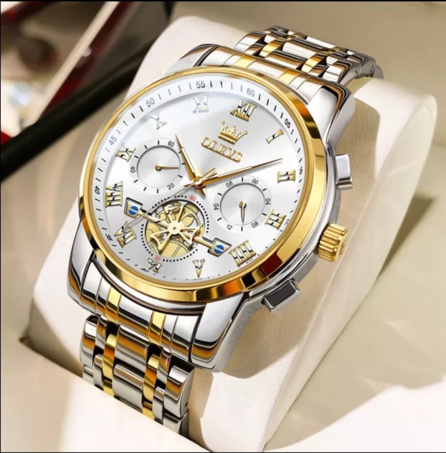 Picture of Olevs Top Brand Silver & Golden Two Tone Stainless Steel Chronograph Wrist Watch For Men - Watch For Men