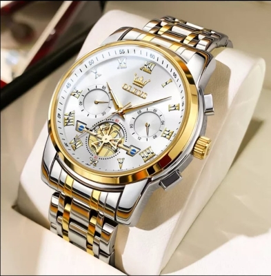 Picture of Olevs Top Brand Silver & Golden Two Tone Stainless Steel Chronograph Wrist Watch For Men - Watch For Men