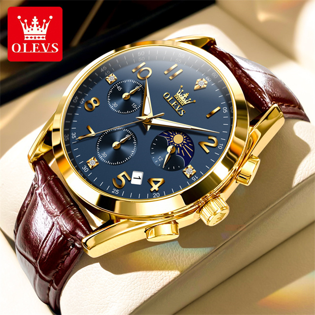 Picture of Inspired by olevs 2890 Sport Multi-function Men Wristwatches, PU Strap Waterproof Quartz Watch For Men Luminous Chronograph Little Needle