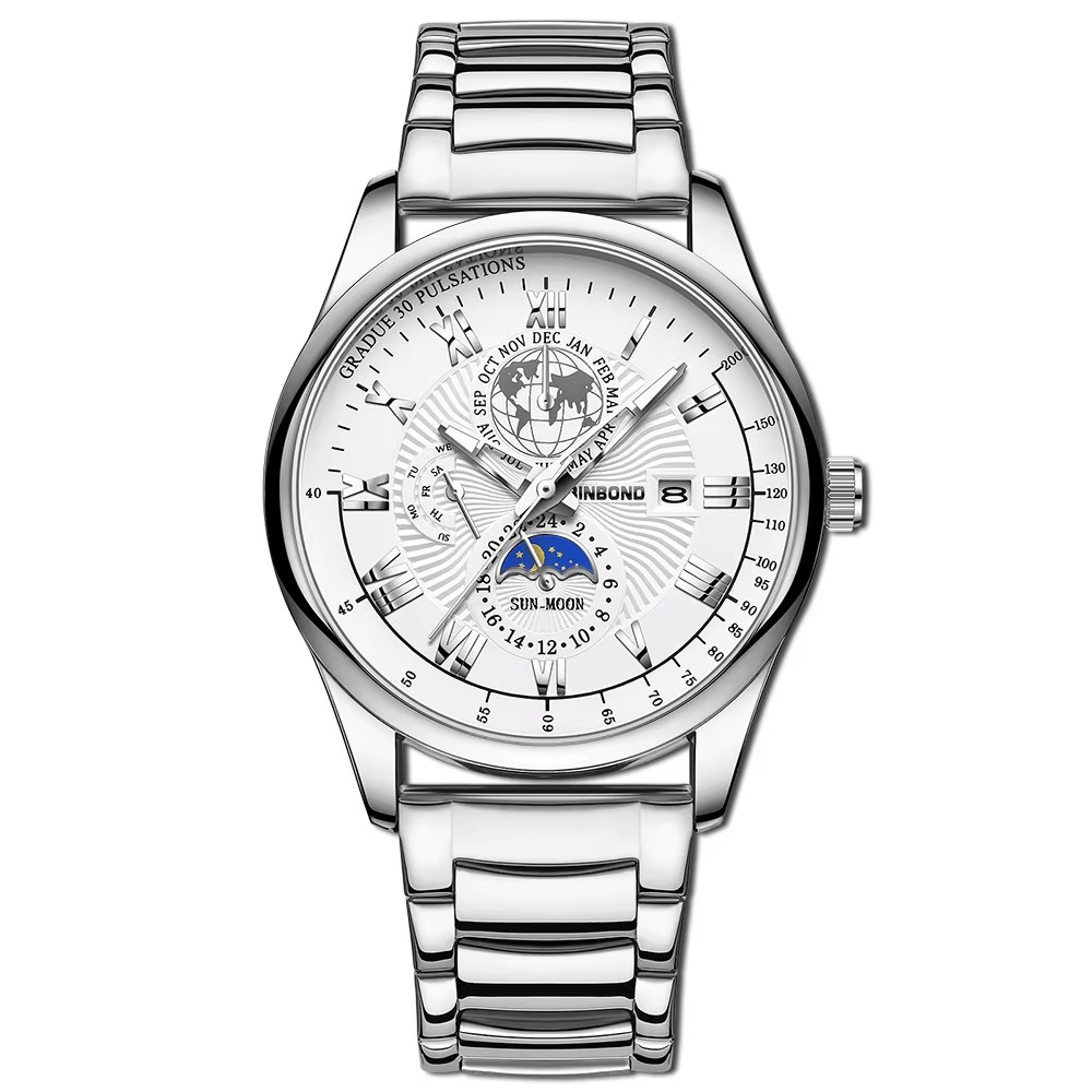 Picture of BINBOND B3982 New Style Silver Men Quartz Watch Authentic Stainless Steel Band Water Proof Date Display Dials Decoration Watch