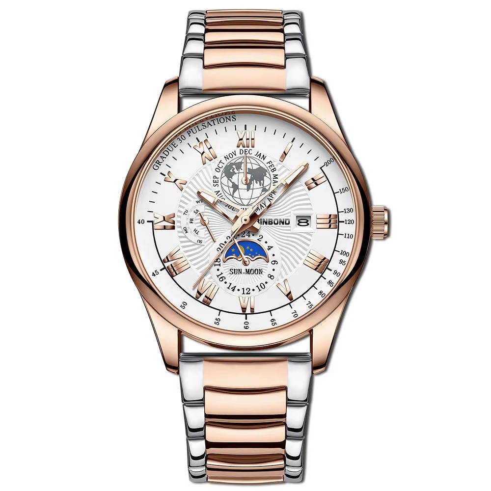 Picture of BINBOND B3982 New Style Silver Men Quartz Watch Authentic Stainless Steel Band Water Proof Date Display Dials Decoration Watch