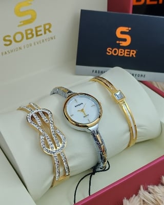 Picture of Women’s Jewelry Gift Set – Flash Plated Gold Half Bangle Diamond Watch, Infinity Pendant Necklace and Swarovski Crystal Bracelet - BUR213YG-S