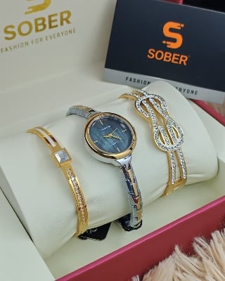 Picture of Women’s Jewelry Gift Set – Flash Plated Gold Half Bangle Diamond Watch, Infinity Pendant Necklace and Swarovski Crystal Bracelet - BUR213YG-S