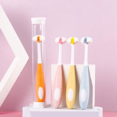 Picture of Children's Toothbrush new 2-12 years old three-sided three-dimensional non-slip handle  5d baby child soft hair toothbrush -1pcs ( Orange )