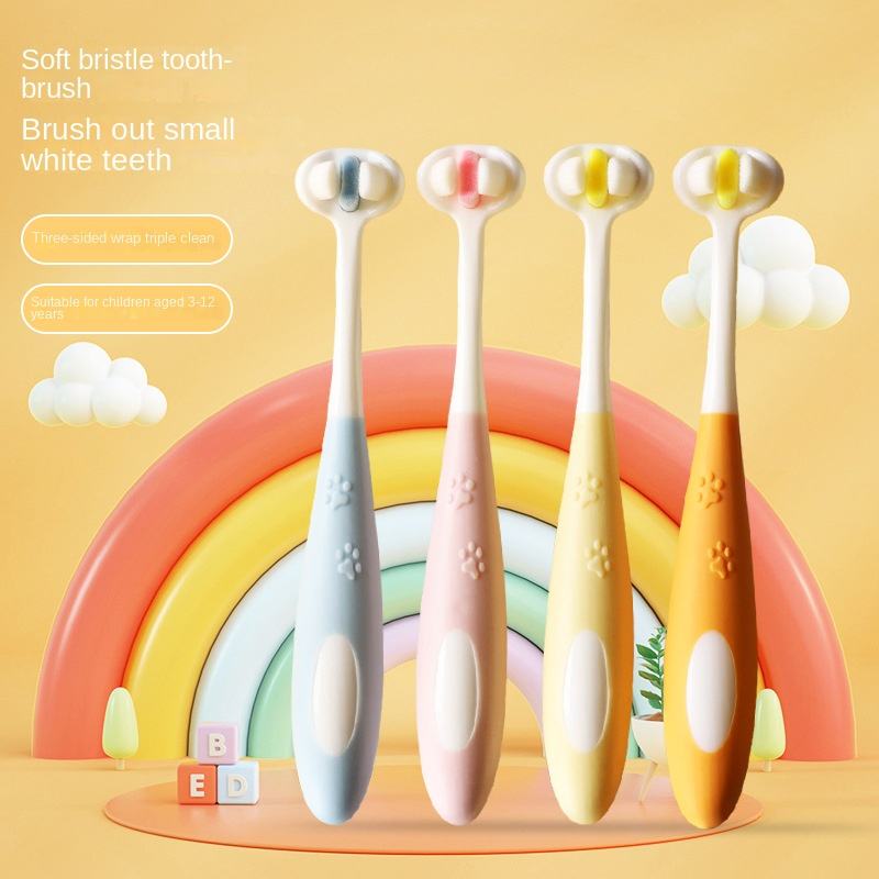 Picture of Children's Toothbrush new 2-12 years old three-sided three-dimensional non-slip handle  5d baby child soft hair toothbrush -1pcs ( Orange )