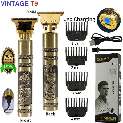 Picture of T9 Vintage USB 6500 charging cable with Rechargeable Hair Trimmer metal body Electric Hair Clipper Hair Cut Machine For Men