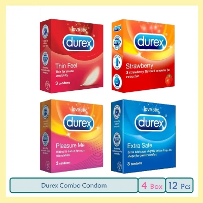 Picture of Durex Condom Thin Feel, Extra Safe, Pleasure Me, Strawberry Combo 4 Pack (12 Pcs)
