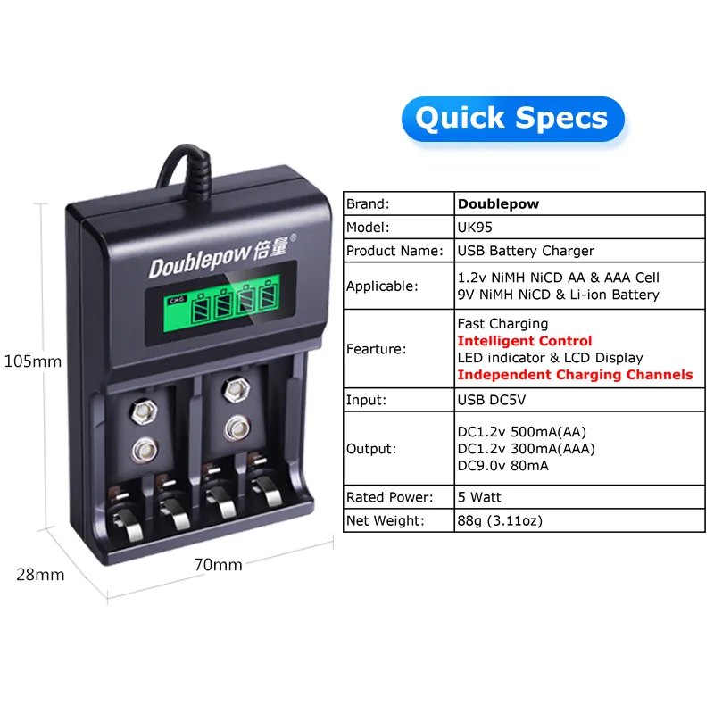 Picture of Doublepow UK-95 LED Display Smart Fast Charger with Full Charge Indicator & USB Portable Plug Connector for 1.2V AA/AAA Size & Rechargeable 9V Ni-MH/Ni-Cd Battery - 1 Piece